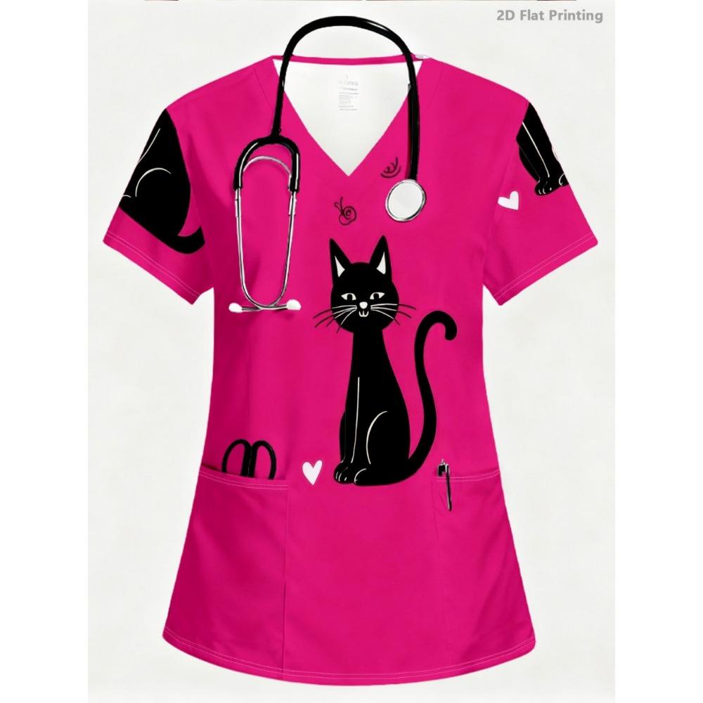 Summer Womens Fashion V-Neck Short Sleeve Uniform Pockets Tops Cute Cat Pattern Print Comfortable Vet Clinical Uniforms Woman