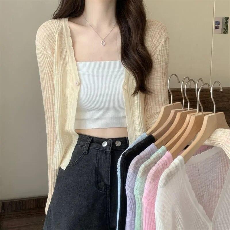 Cardigan sottile in seta di ghiaccio corto bianco da donna manica lunga lavorato a maglia protezione solare slim crop top Kintwear nuova moda semplice casual primavera estate