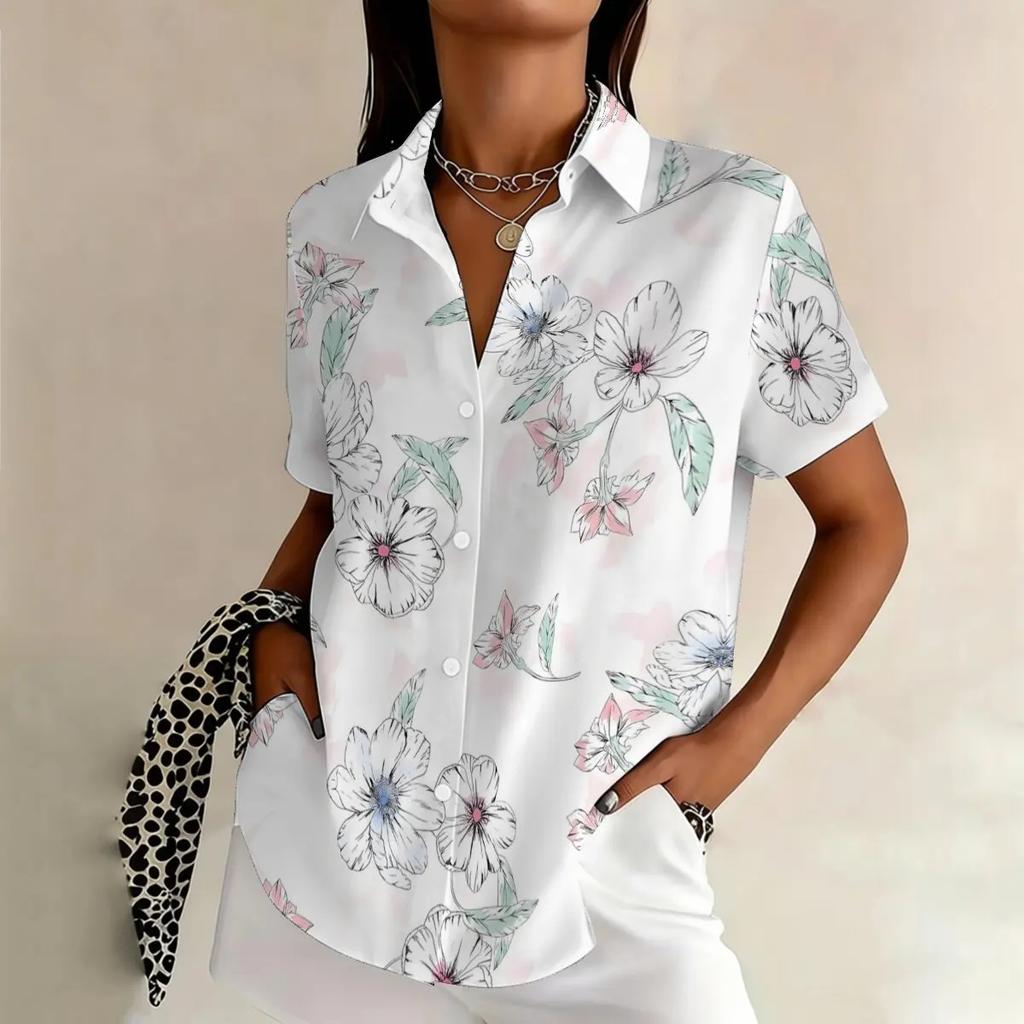 Blumenprint Retro Damen Kurzarmhemden Damen Revers Einreiher Kurzarmblusen Lässige Tägliche Damen Lockere Oberteile