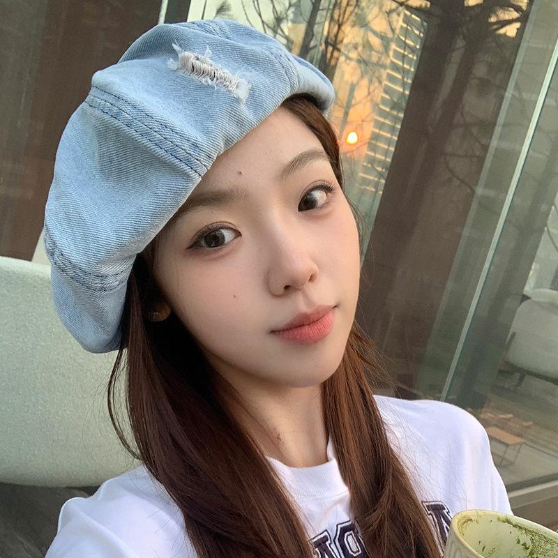 Denim Ripped Beret Women's Spring and Summer New Versatile Cloud Hat Retro Washing and Old Face Showing Small Star Anise Hat