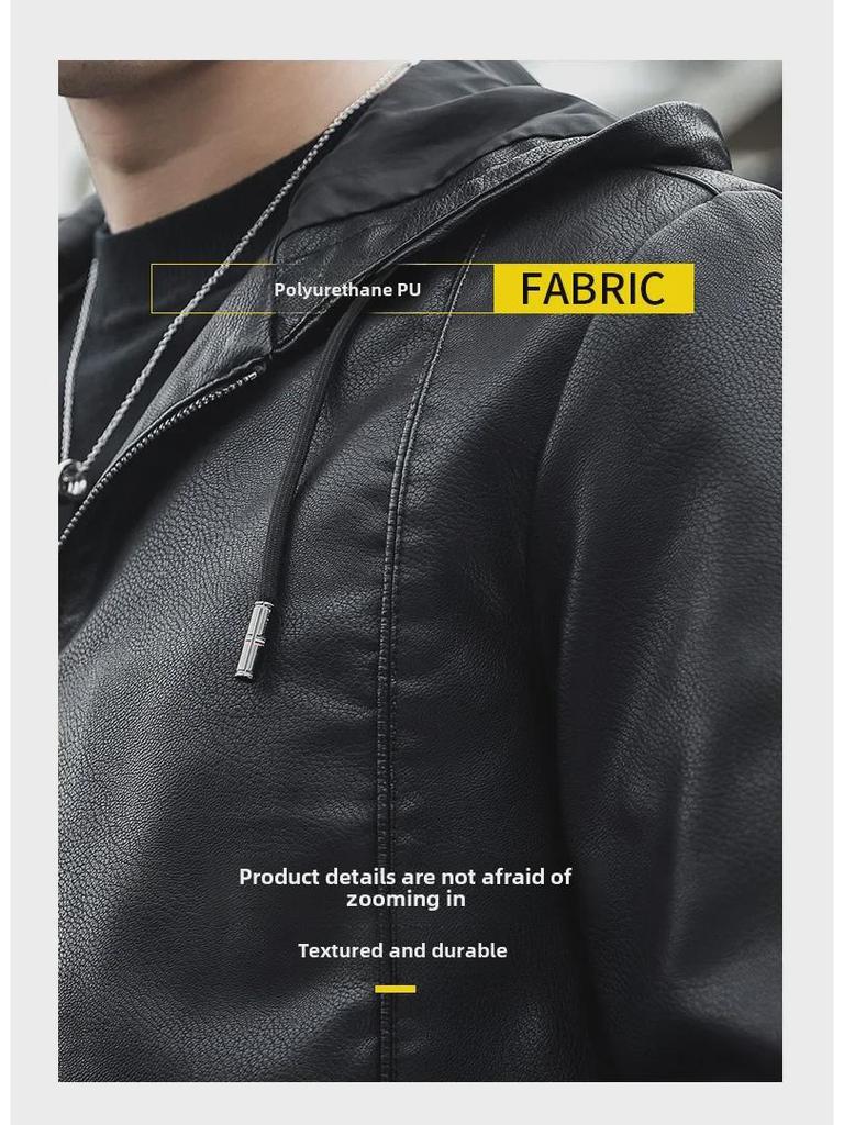 Men's Hooded Leather Jacket: New Korean Style, Velvet Finish for Spring/Autumn, Trendy Casual Motorcycle & Workwear Jacket