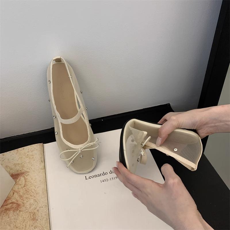 Fashion Spring New Flat Shoes for Girls Fashion Round Head Shallow Mouth Butterfly Knot Mesh Breathable Soft Sole Non-slip Single Shoes