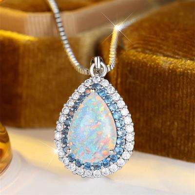 Grand Pendentif Pierre Goutte d'Eau Colliers Opale Feu Blanche pour Femmes Chaîne Couleur Argent Vintage Zircon Rouge Rosé Bleu Bijoux de Mariage