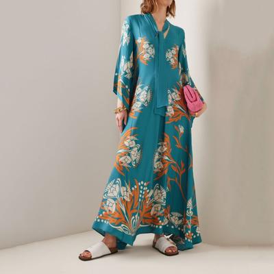 Women Printed Maxi Dress with Standing Collar Three-quarter Sleeves Deep V-neck Robe Dress Summer Casual Long Dress for Work Parties Vacation