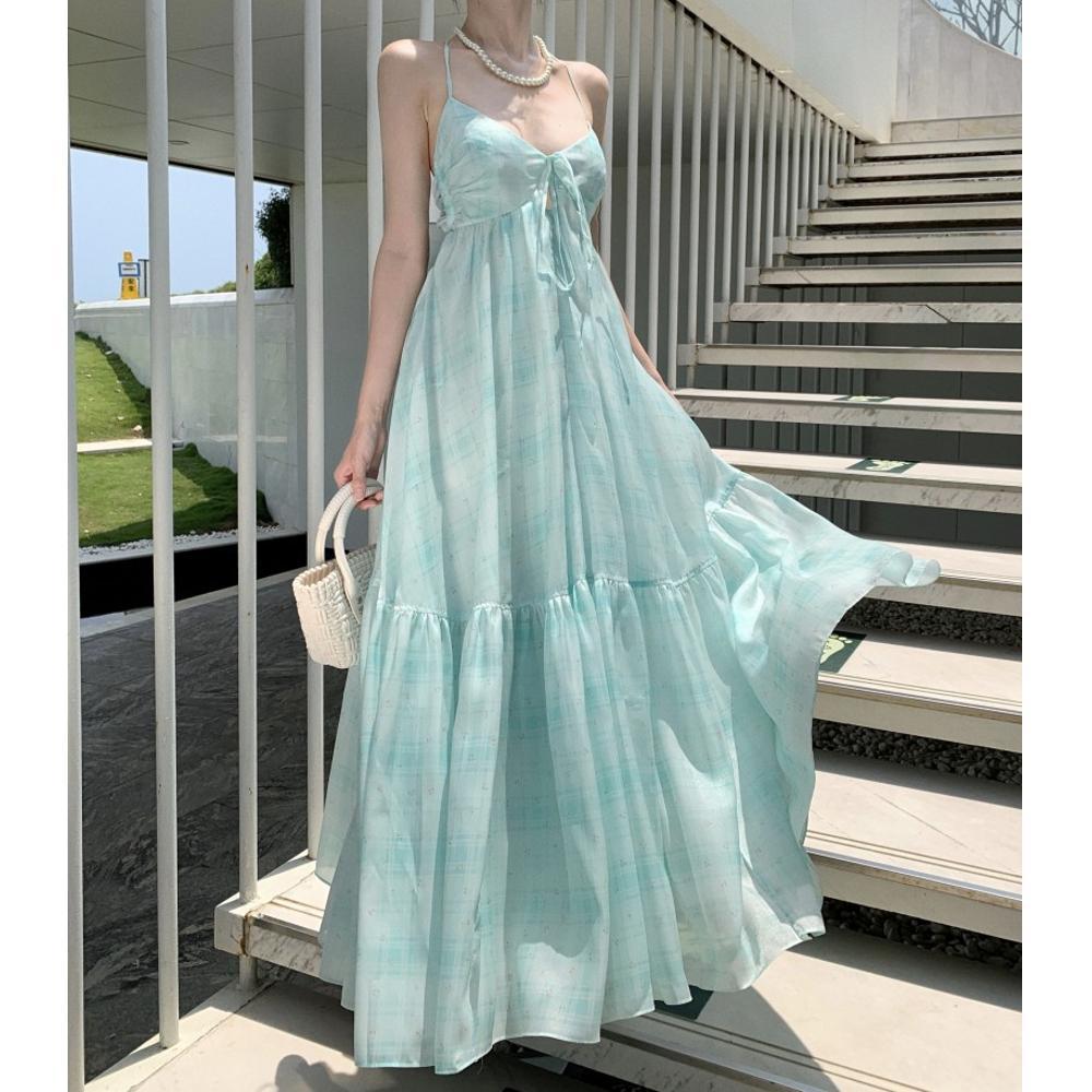 Travel shadow green backless neck sling chest pad dress women's summer seaside vacation beach dress super fairy wear
