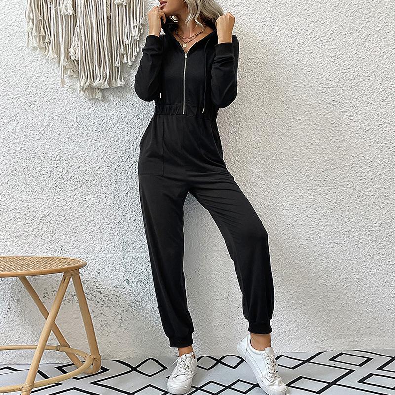 

European & American Autumn/Winter Solid Color Hooded Zip-Up Casual Jumpsuit for Women Extra Large