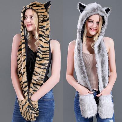 Animal Warm Earmuff  Hat Warm Plush Beanie Cap Winter Hat Scarf Set  for Men Women