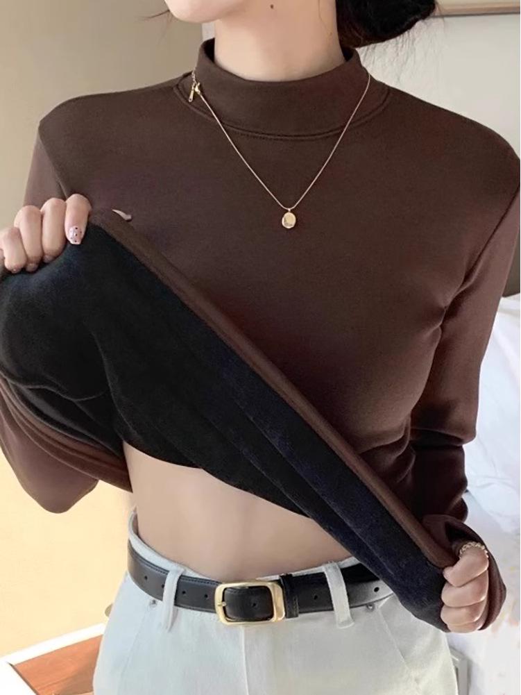 

Brushed Stand Collar Velvet Layer Women s Long Sleeve T-shirt - Solid Color, Versatile, Basic Style for Spring, Autumn, Winter 2026 XL