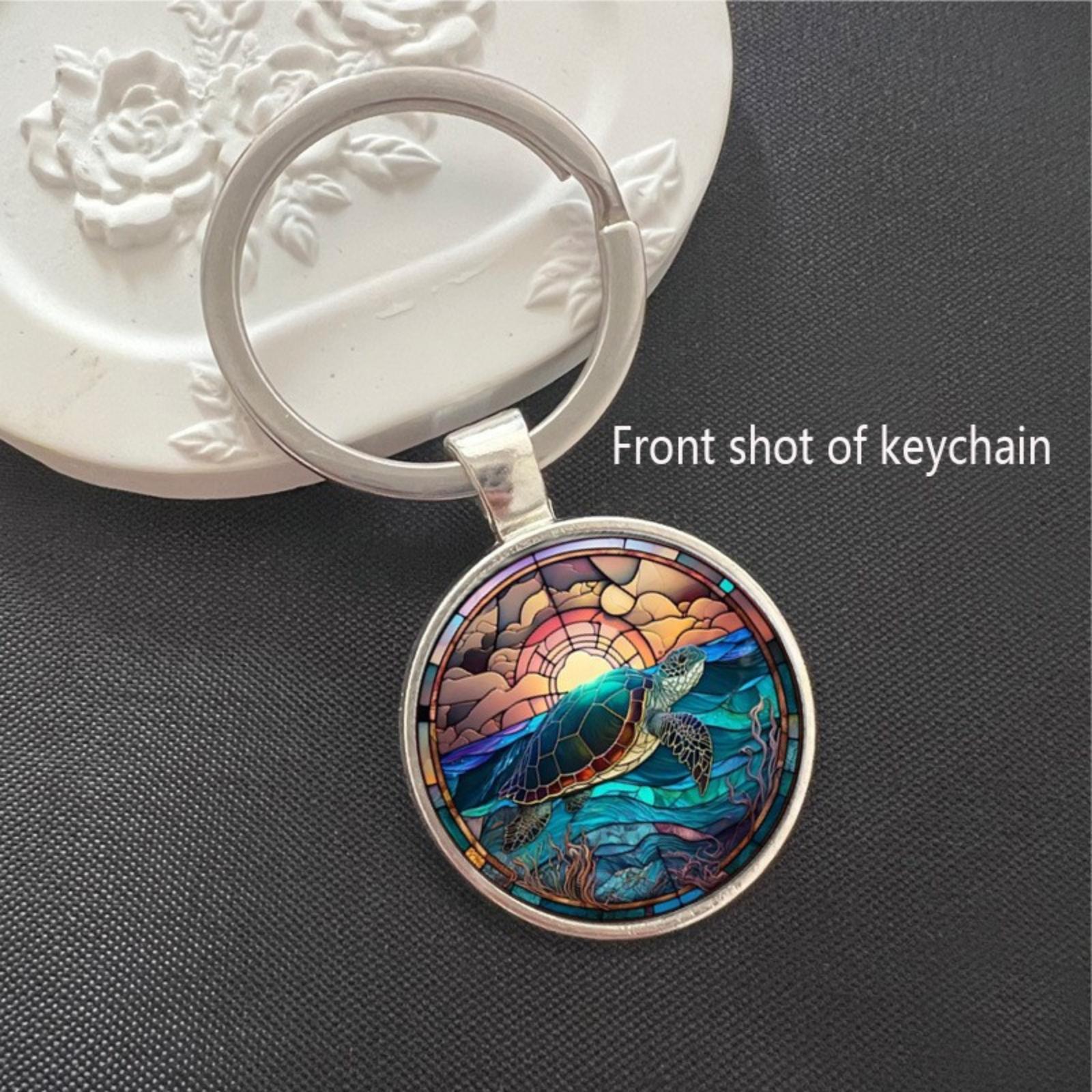 

Round Alloy Keychain Pendant Metal Key Ring with Artistic Turtle Pattern Stained Glass Style Lightweight and Durable Design One Size