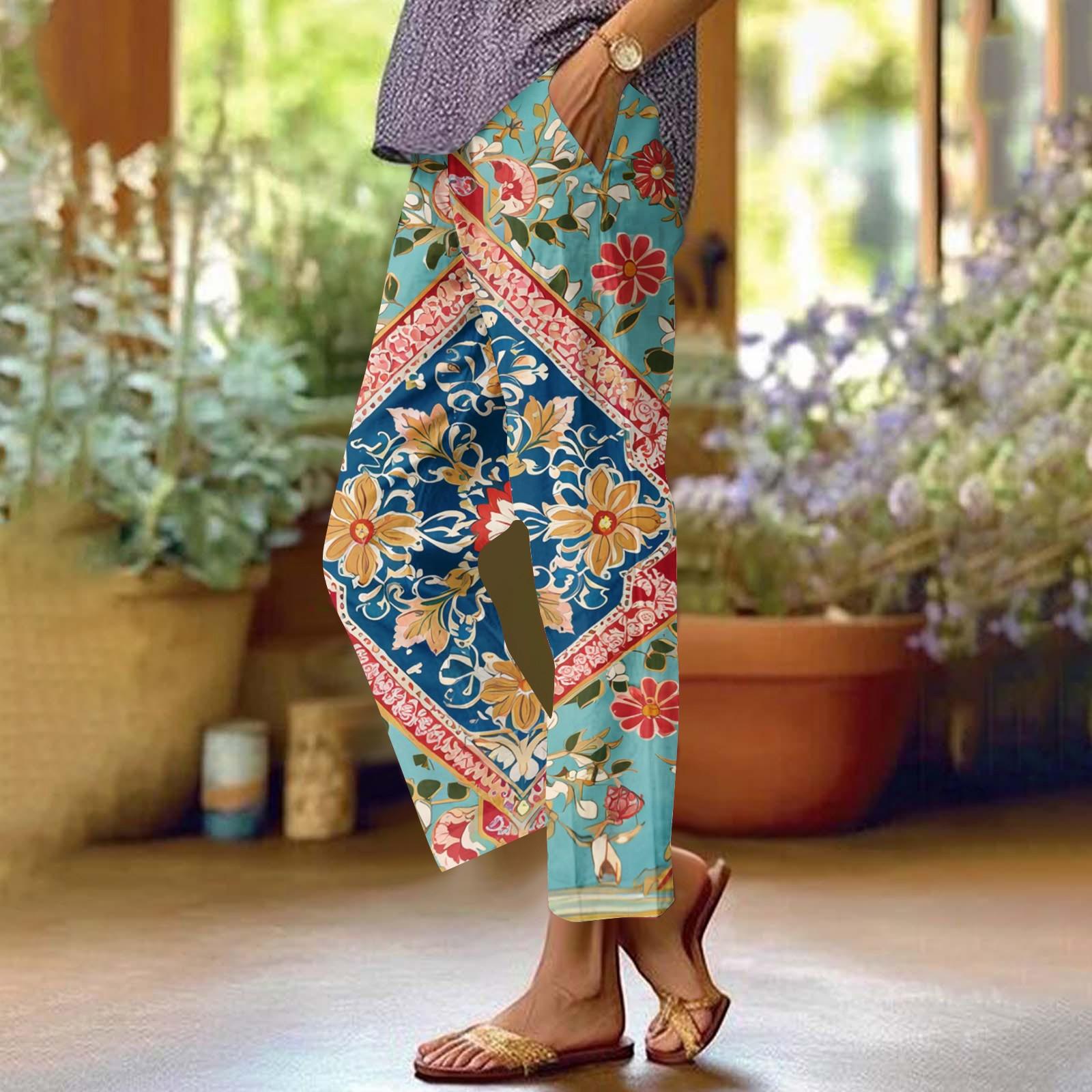 Women s Casual Fashion Floral Printed Straight Leg Pants Pants With Pockets XXL