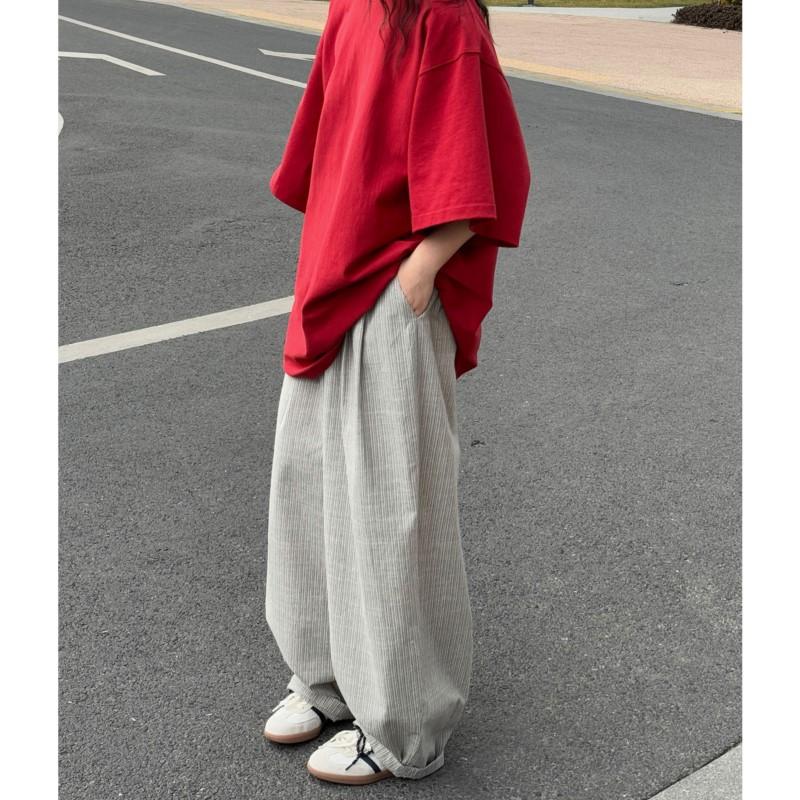 Johnature Korean Lazy Relaxed Striped Women Pants Spring Summer Casual Elastic Waist Loose Wide-leg Trousers