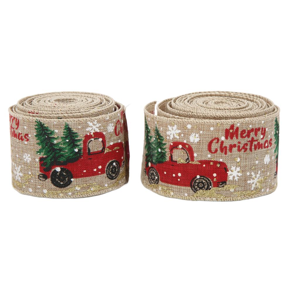 2Pcs Christmas Ribbons Cartoon Retro Truck Pattern 5 Meters Decorative AccessoriesHemp
