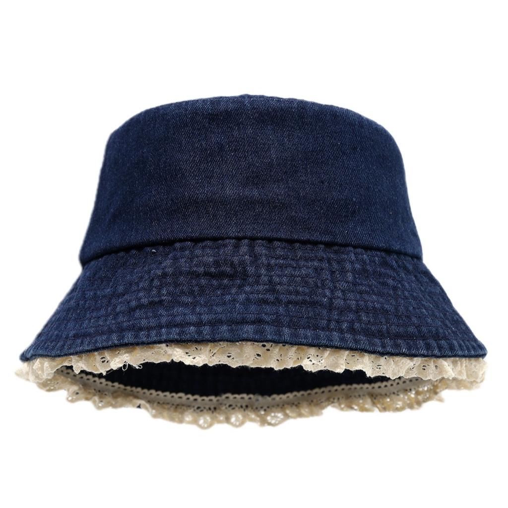 Lace edge denim bucket hat Japanese face small hat women's spring and summer sun protection hat versatile sunshade basin hat