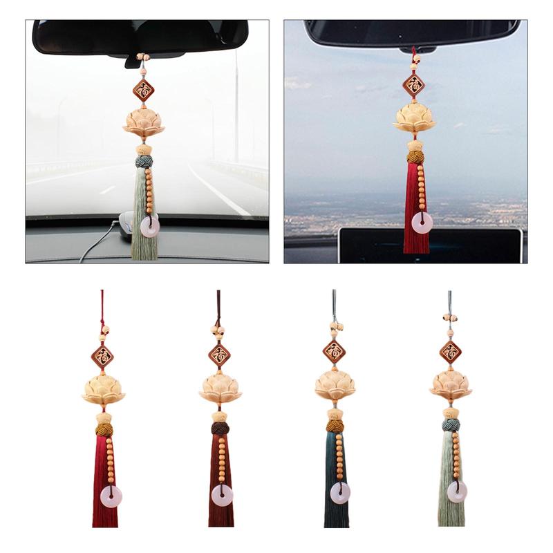 Lotus Car Rearview Mirror Pendant Wood Carving Auto Interior Dangle Decorative Universal Feng Shui Decor Car Hanging Decoration