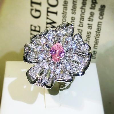 New Fashion Pink Diamond Flower Ring Female Open Simple Full Of Diamonds Micro-set AAA Zirconia Jewelry Cocktail Party Gift