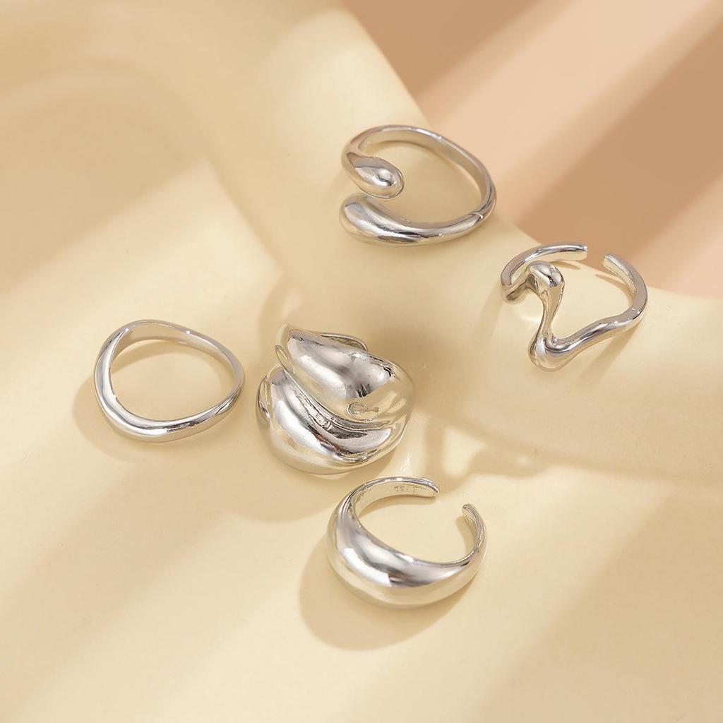 European & American Geometric Baroque Pearl Ring Set – Sweet Cool Ins Style Glossy Liquid Metal Ring