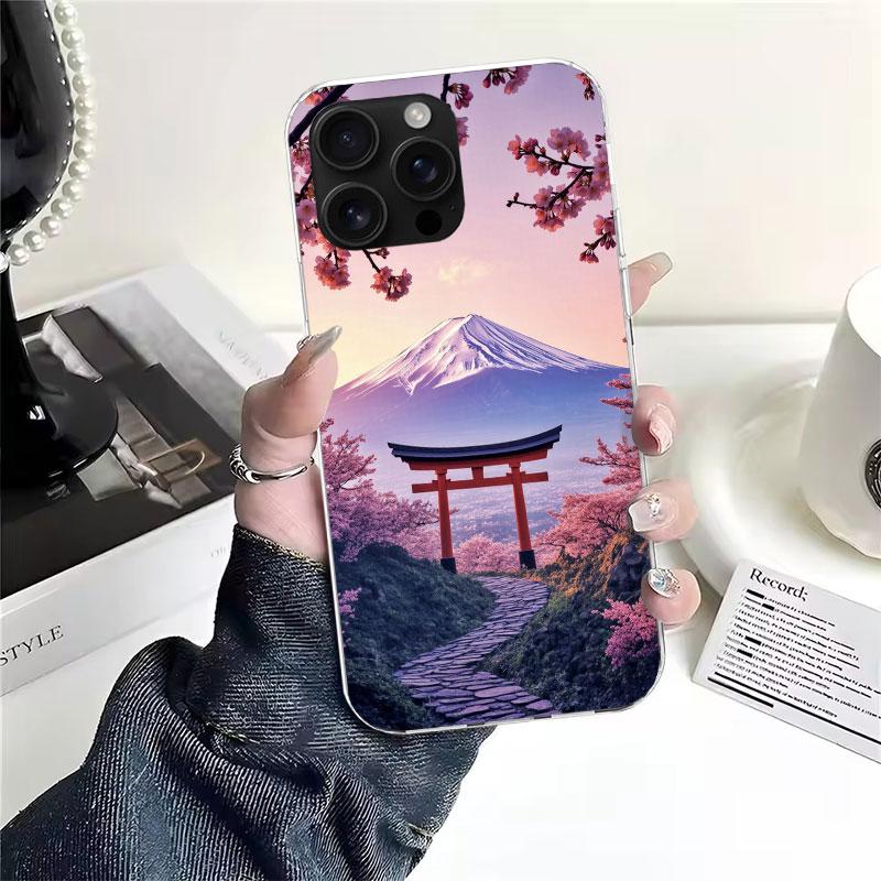 Japanese Cherry Mount Fuji Soft Phone Case For IPhone 11 17 Air 16E 16 Pro Max 15 + 14 Plus 13 Mini 12 Apple 7 SE 8 Fundas Coque