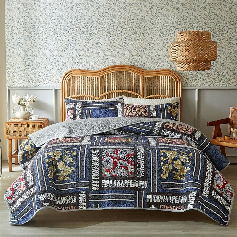 American Style Bedspread Set 3pcs Brushed Microfiber Bedding With Pillowcase Printed Flower Sheet Quilts Patchwork Bedspread 173*230cm+ 51*66cm*2pillowcase темно-синий