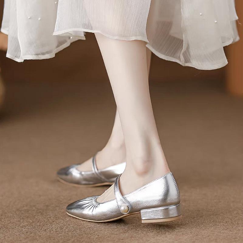 Square Head Silver Single Shoes Women's New Summer Skirt Temperament Low Heel Light Mouth Mary Jane Small Leather Shoes
