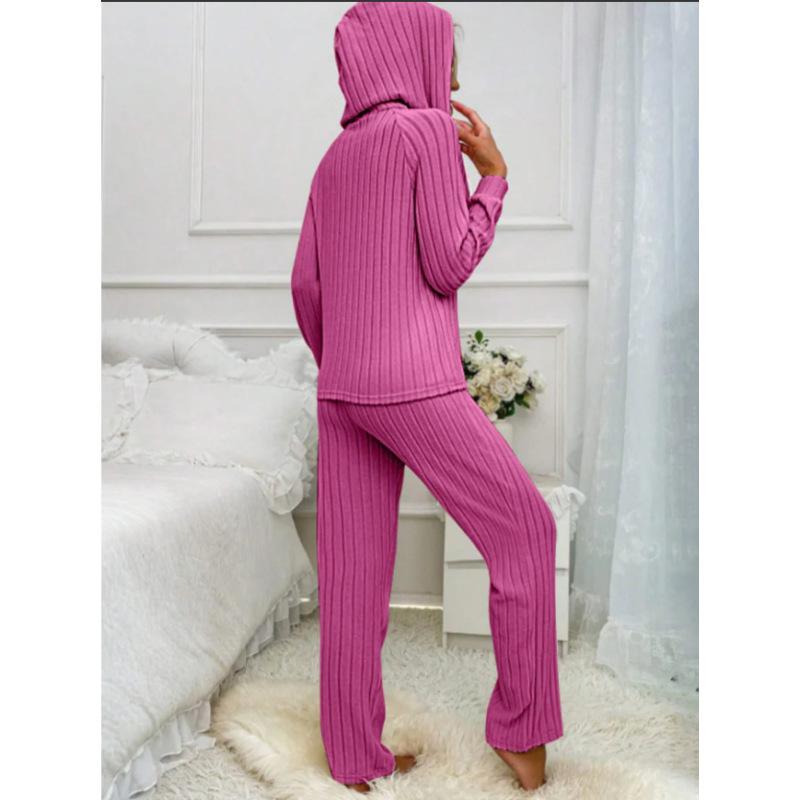 Damen Hausanzug Set Lässige Mode Rippstrick Gebürstet Langarm Kapuzen-Knopf-T-Shirt Hose
