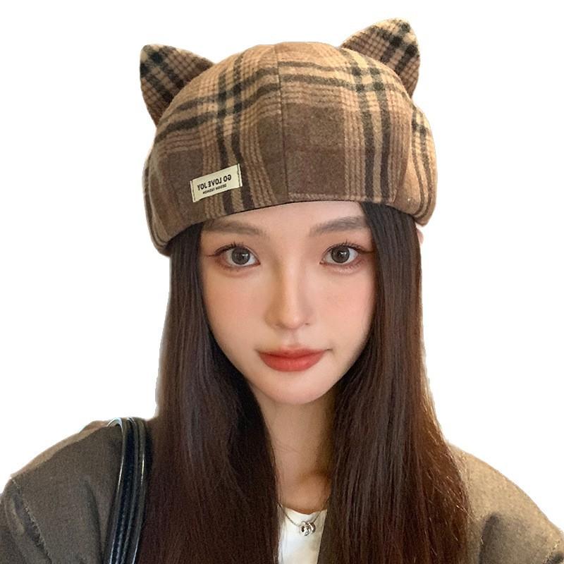 Sweet and Cute Cat Ear Beret Korean Casual and Versatile Windproof Octagonal Hat Autumn and Winter Fashion Warm Hat for Women