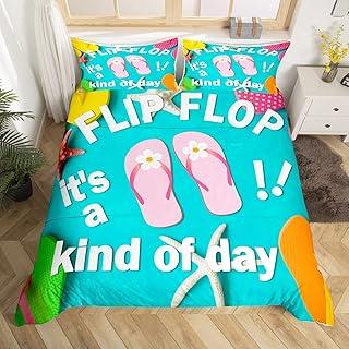 Flip Flops Soft Duvet Cover Quen Sized Dimensions Carton Beach Holiday Beding Set Children Kids Young Boys Young Girls Bedrom Decor Rainbow Flowers
