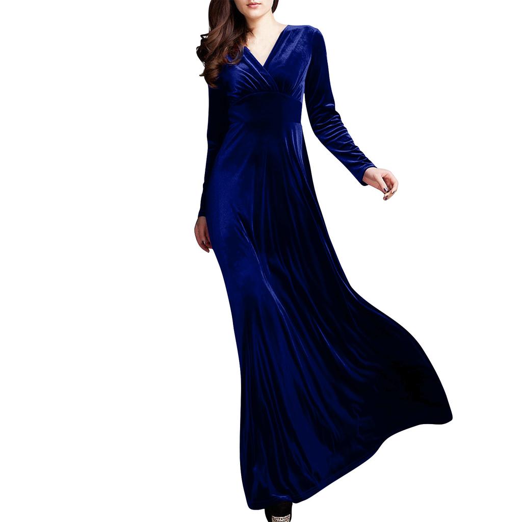 Damen Herbst und Winter Gold Samt V-Ausschnitt einfarbig langärmeliges Partykleid