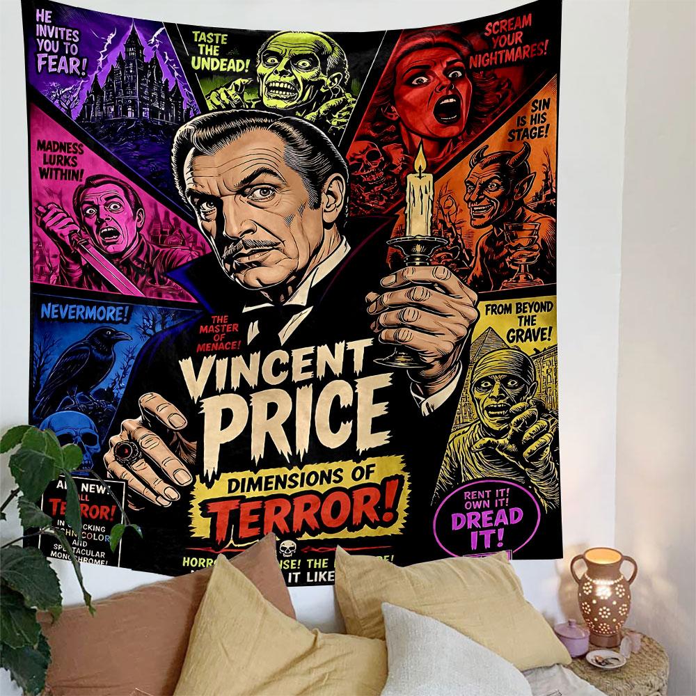 Vincent Price Horror Tapestry Wall Hanging, Terror Macabre Legend Art, Retro Halloween Wall Decor for Bedroom Man Cave