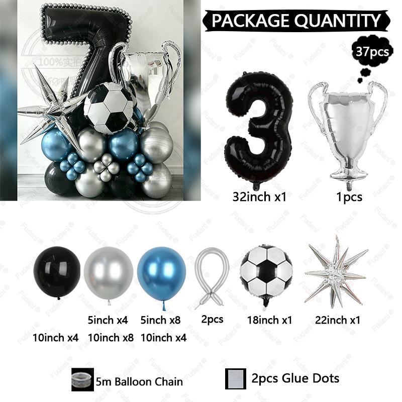 37pcs Silver Trophy Football Balloon Black Number 1-9 Birthday Balloon Set Sports Theme Party Decoration Festival Supplies