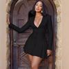 European and American Women's Fashion Autumn Winter Solid Color Long Sleeve Pleated Deep V-neck Blazer Dress for Women