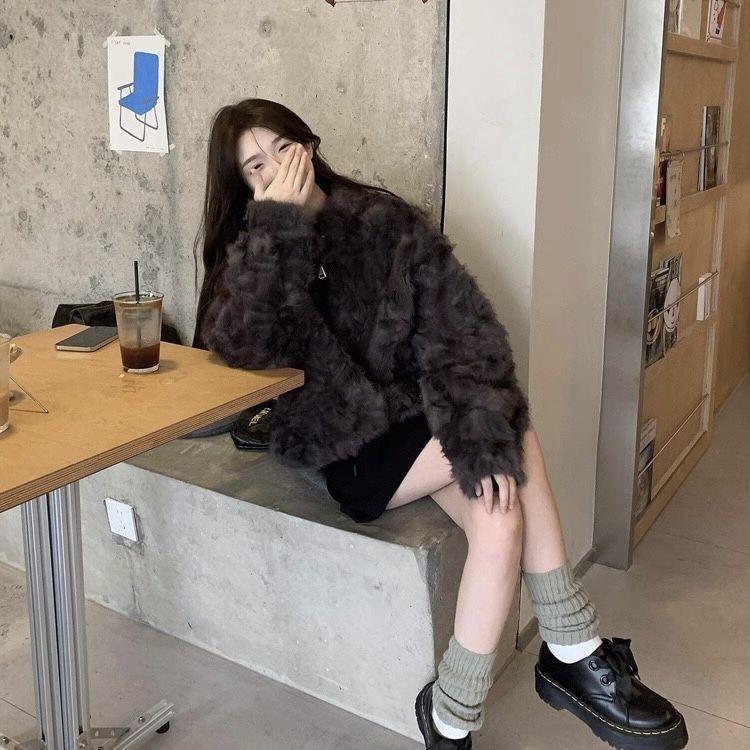 New lamb wool coat women's environmentally friendly fur loose and thickened short stand-up collar coat in winter with cotton to keep warm