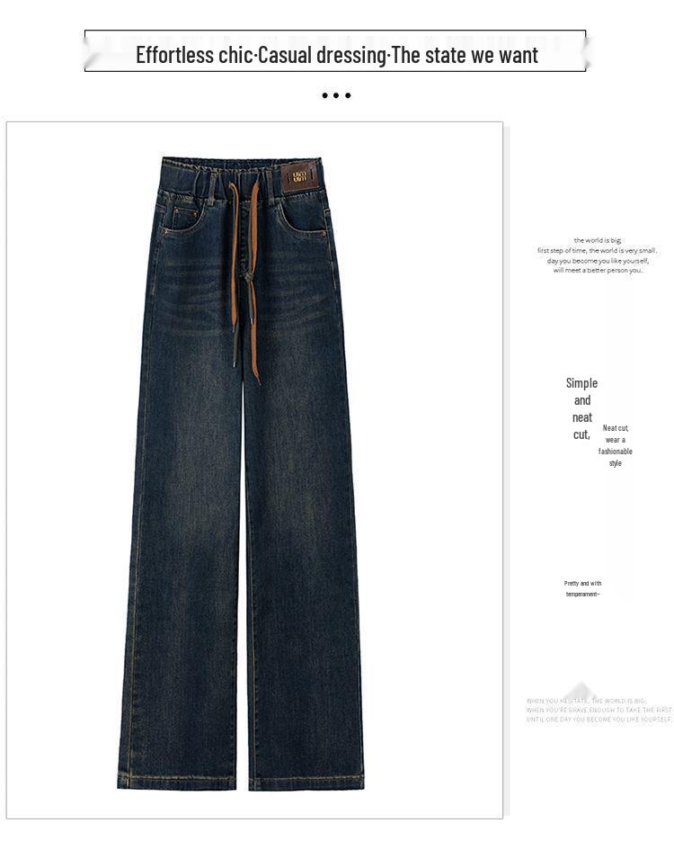 Women's Fleece-Lined Elastic Waist Denim Pants - Wide-Leg, Thickened for Autumn/Winter