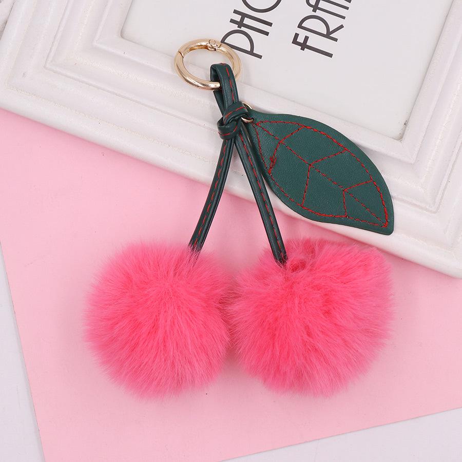 Cherry Plush Fur Ball Keychain for Women - Bag, Backpack, and Car Ornament