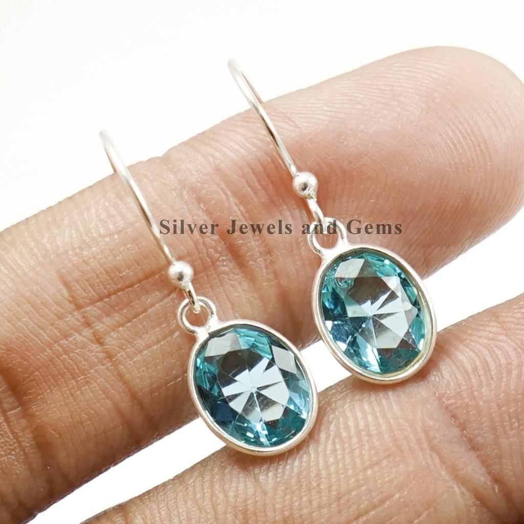 Oval Blue Topaz Earrings, Handmade 925 Sterling Silver Bezel Earring
