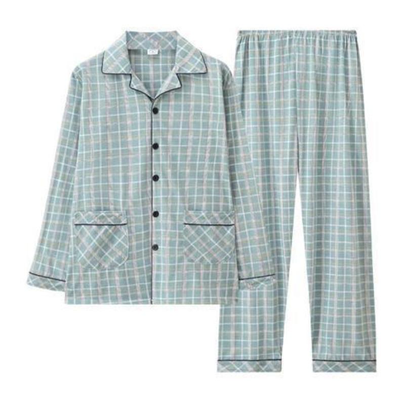 Baumwollpyjama Herren Langärmeliger Revers Herren Bequemes Set für Junge und Mittelalte Frühling und Herbst Homewear Übergröße
