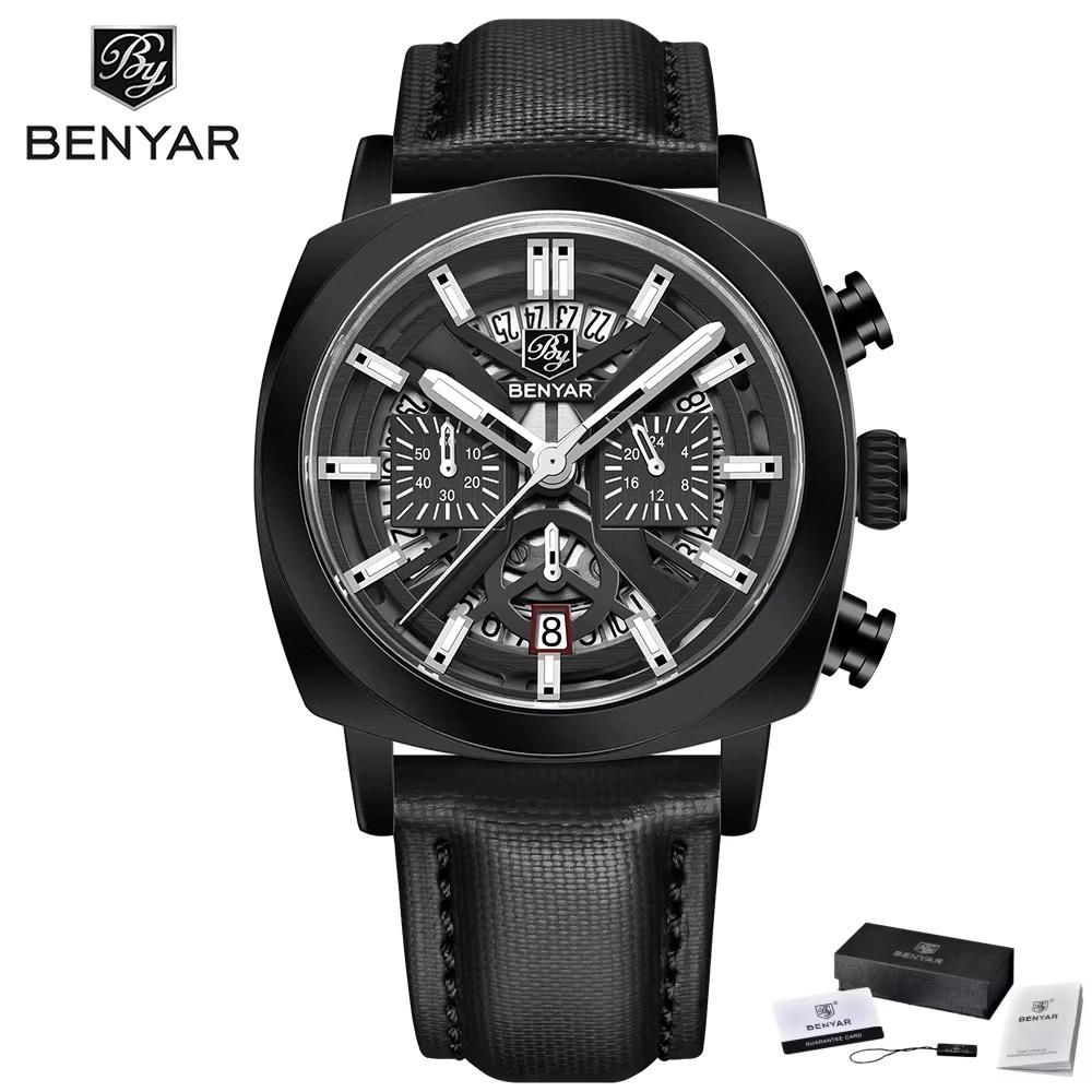 Benyar New 43mm Luminous Dial Men's Sports Quartz Watch Chronograph 50M Waterproof Business Wristwatch Relogios Masculino