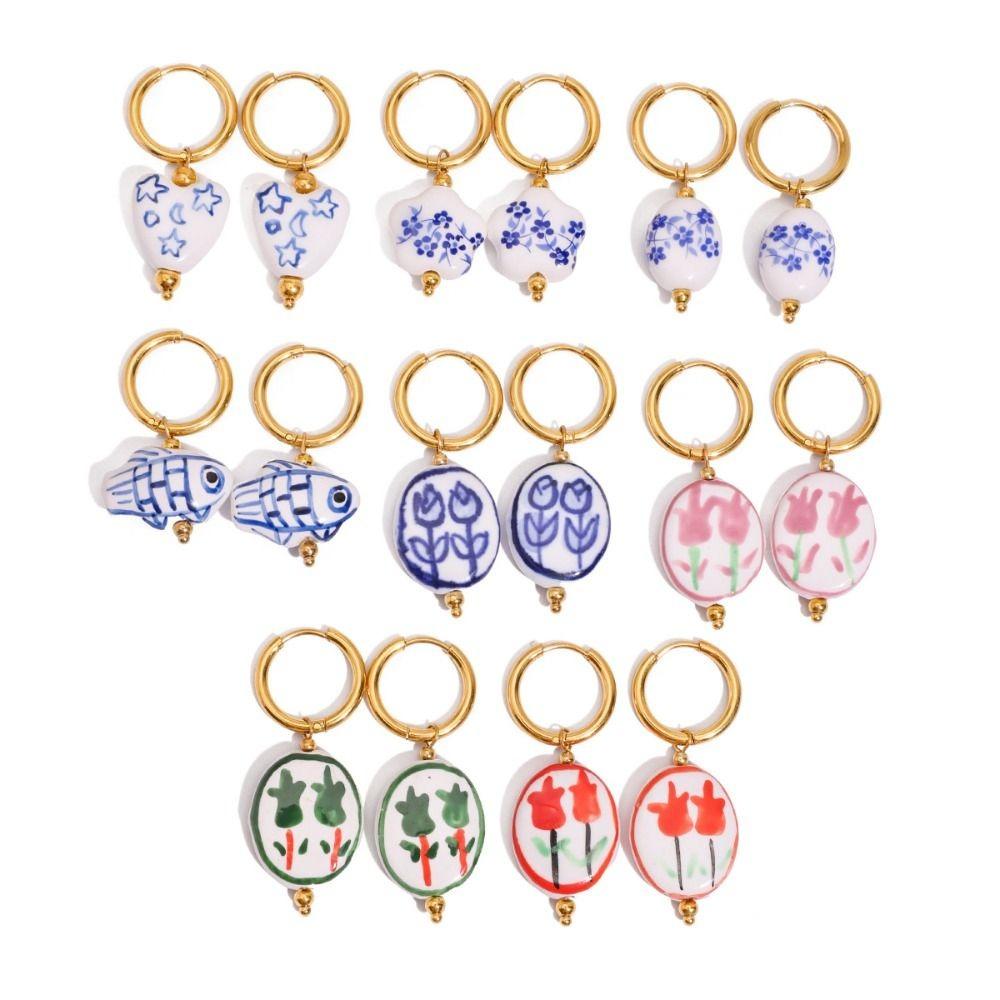 Chinese Style Ceramic Ear Buckle Dripping Oil Gold Hoop Earrings  Party