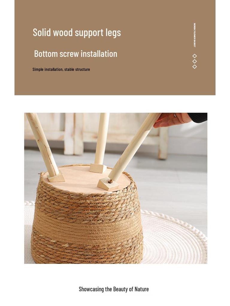 Nordic Rattan Woven Flower Pot and Stand for Living Room/Balcony Decor.