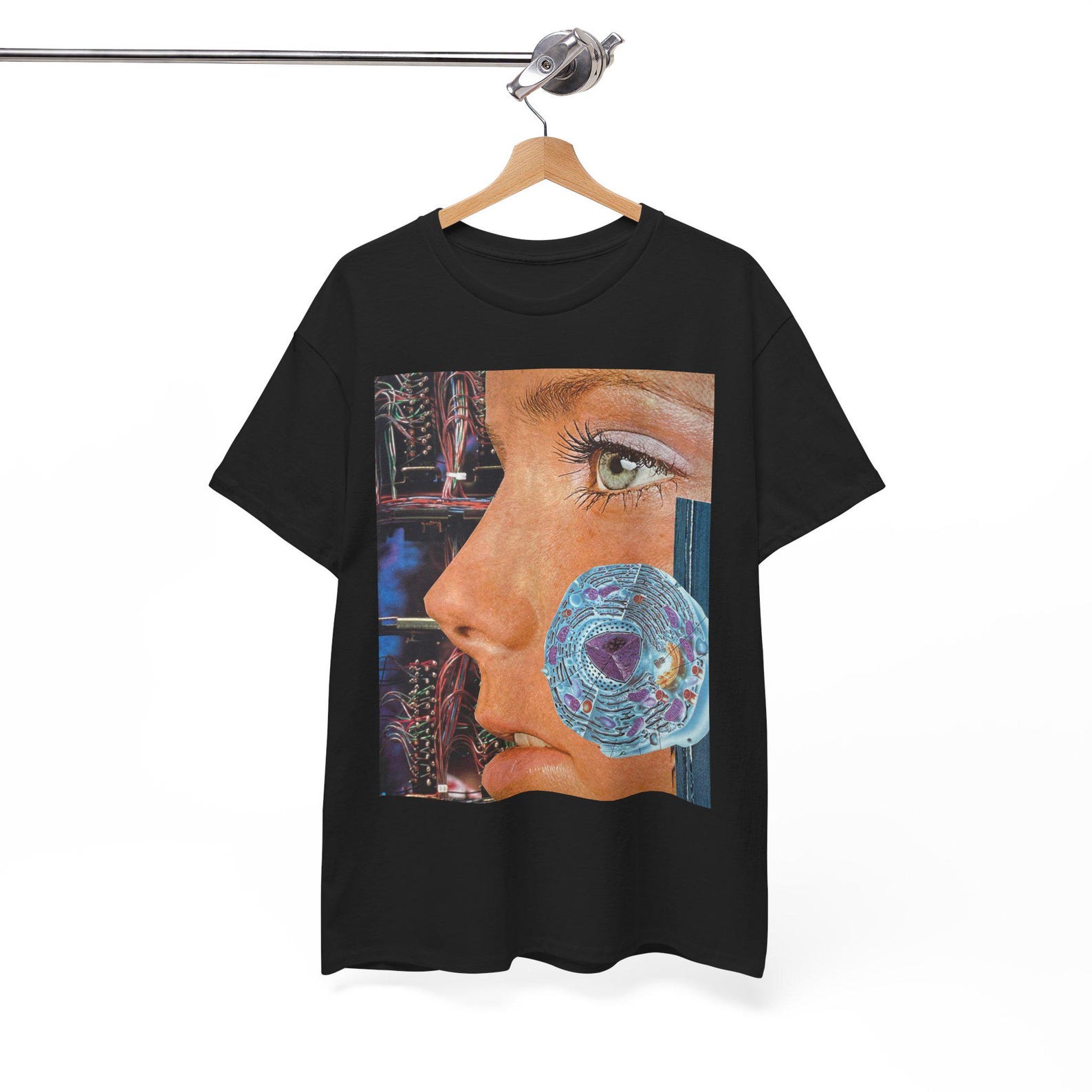 Cybernetic Mind Collage T-Shirt | Surreal Science Art Tee | Futuristic Anatomy Face Shirt | Retro Tech Art Graphic Tee 4XL