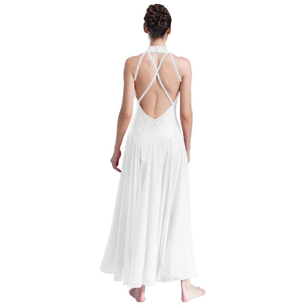 Damen Lyrisches Tanzkostüm Neckholder Träger Rücken Design Glänzende Strasssteine Schlitzkleid Bühnenauftritt Outfit