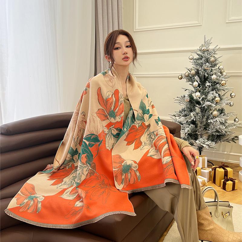 Exquisite New Magnolia Flower Fragrance Imitation Cashmere Scarf Winter High End Fashion Double-sided Scarf Thickened Cold Proof Shawl