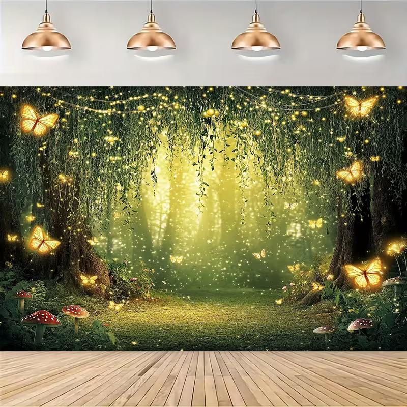 2D Magical Firefly Forest Tapestry, Glowing Wall Hanging
