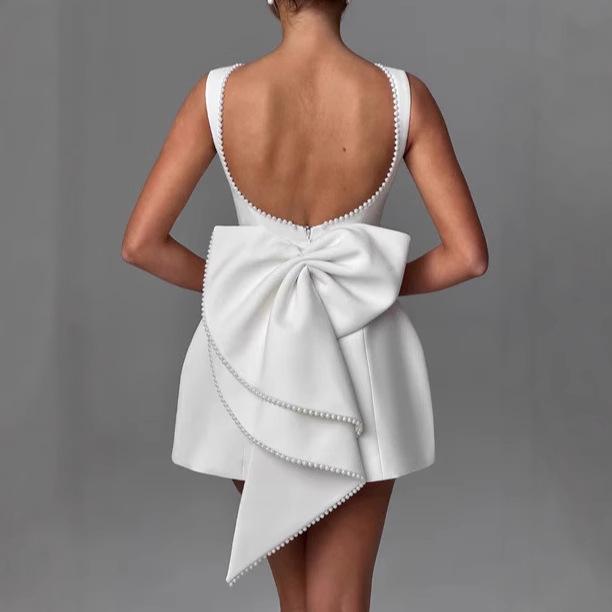 European & American Summer Women's Pearl Bow A-line Backless Dress