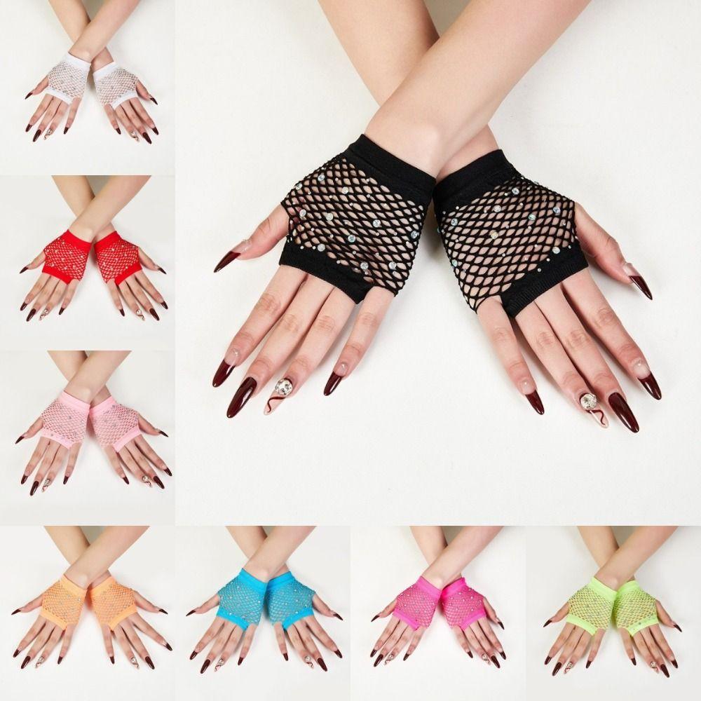 Fishnet Design Rhinestone Gloves Shiny Decor Short Gloves New Fingerless Gloves Dance Performance