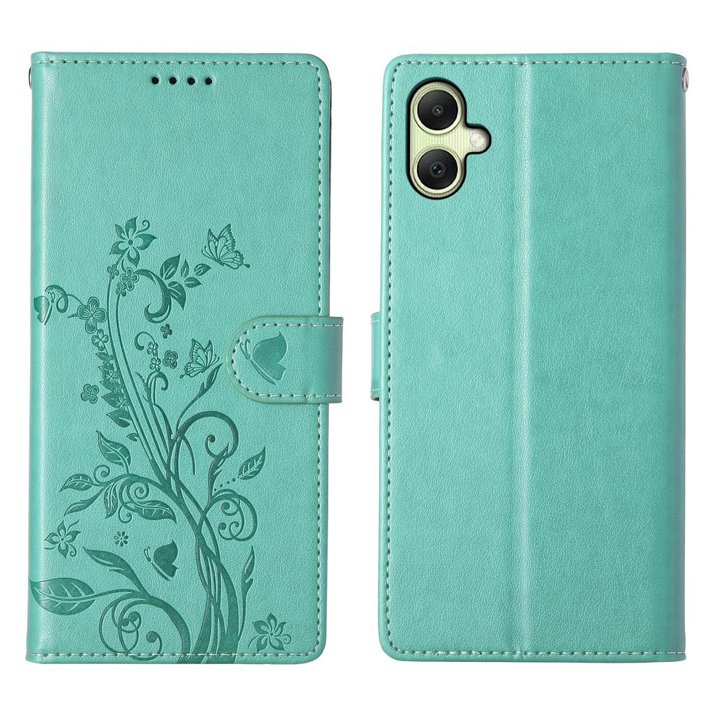 For Samsung Galaxy A06 5G/4G Wallet Case Butterfly Floral Imprint PU Leather Phone Cover with Wrist Strap