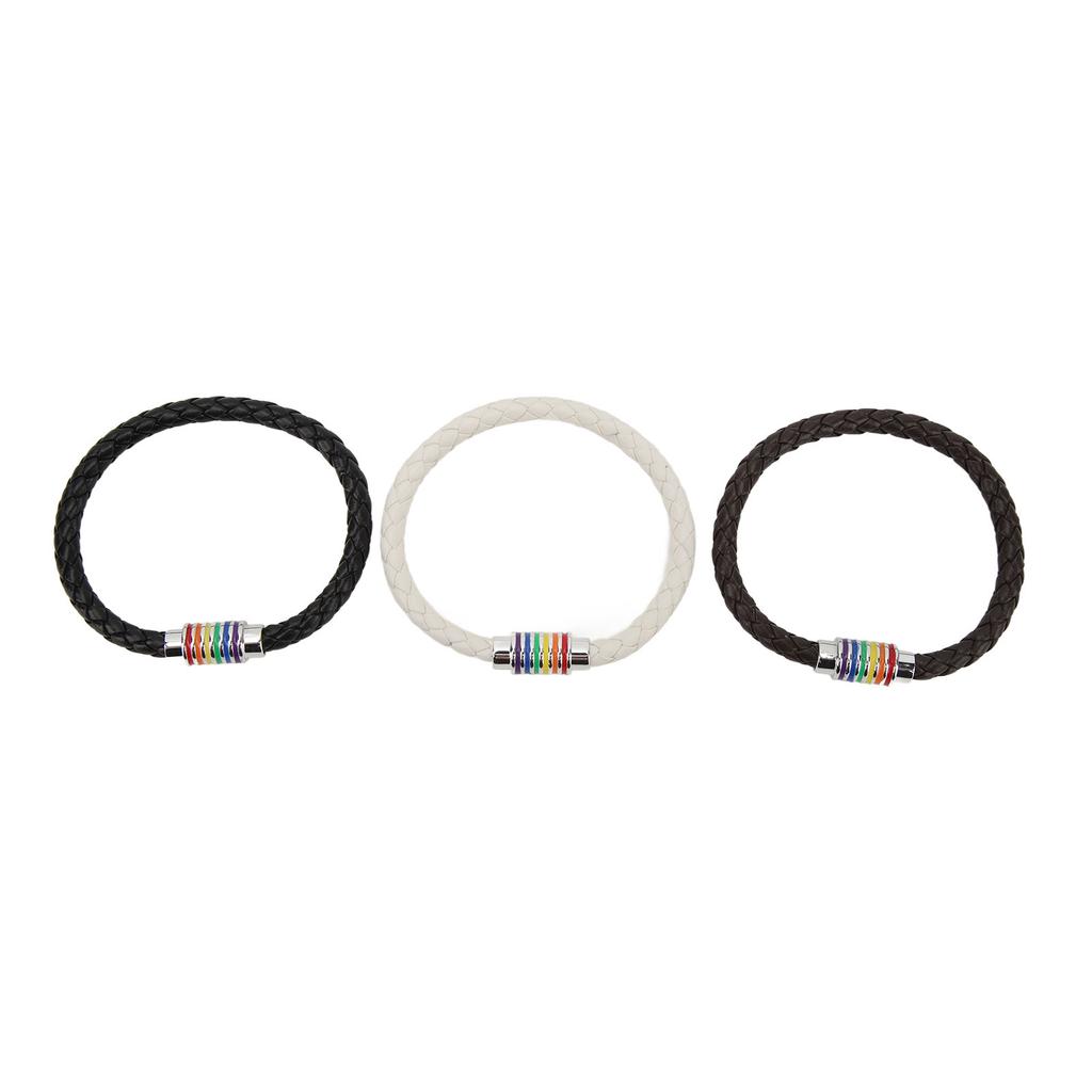 3PCS LGBTQ Bracelet Leather Stainless Steel Pride Woven Braided Magnet Lock Black Brown White LGBTQ Jewelry