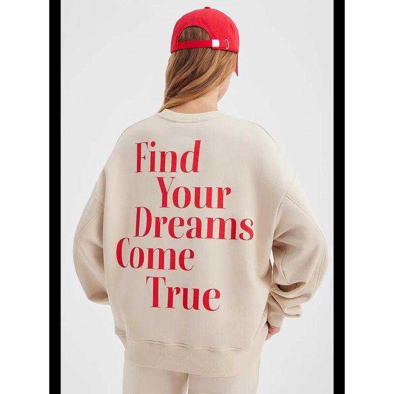 

Western Style New round Neck Loose Casual Letters Print Long sleeve Hoodie Top Loose Printed Top Apricot (thin) thin L