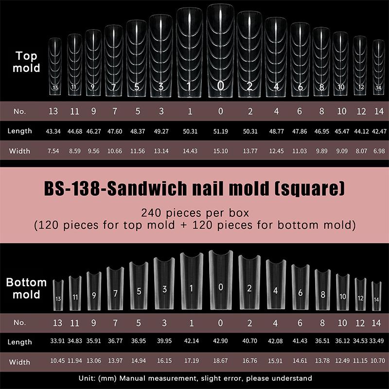 

Сендвіч Двоїсті Форми для Нігтів 240 Шт 15 Розмірів Нарощування-Двоїсті Форми Труна Мигдаль Форми для Нігтів Верхня Форма Нижня Форма Square