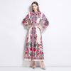 Spring Autumn Women Vintage Print Runway Dresses Single Breasted Long Maxi Party Belt Robe Dress for Graduation
