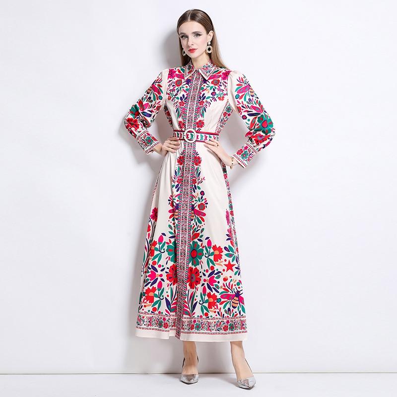 Spring Autumn Women Vintage Print Runway Dresses Single Breasted Long Maxi Party Belt Robe Dress for Graduation
